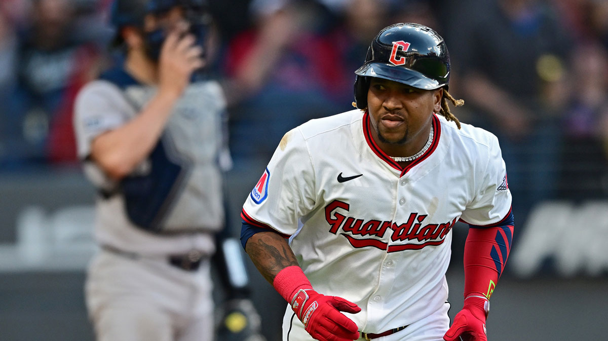 Cleveland Guardians third baseman Jose Ramirez (11) stares into the New York Yankees dugout after hitting a three run home run off New York Yankees starting pitcher Clarke Schmidt (36) during the third inning at Progressive Field.