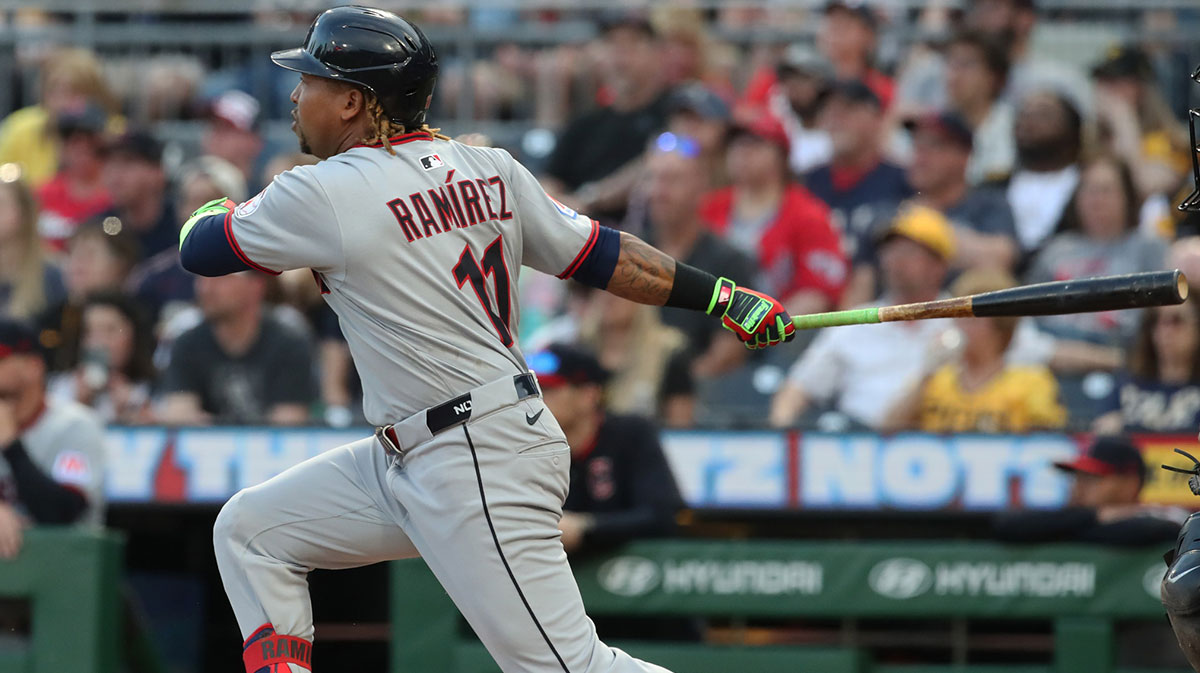 Cleveland Guardians third baseman Jose Ramirez (11) hits a single against the Pittsburgh Pirates during the third inning at PNC Park.