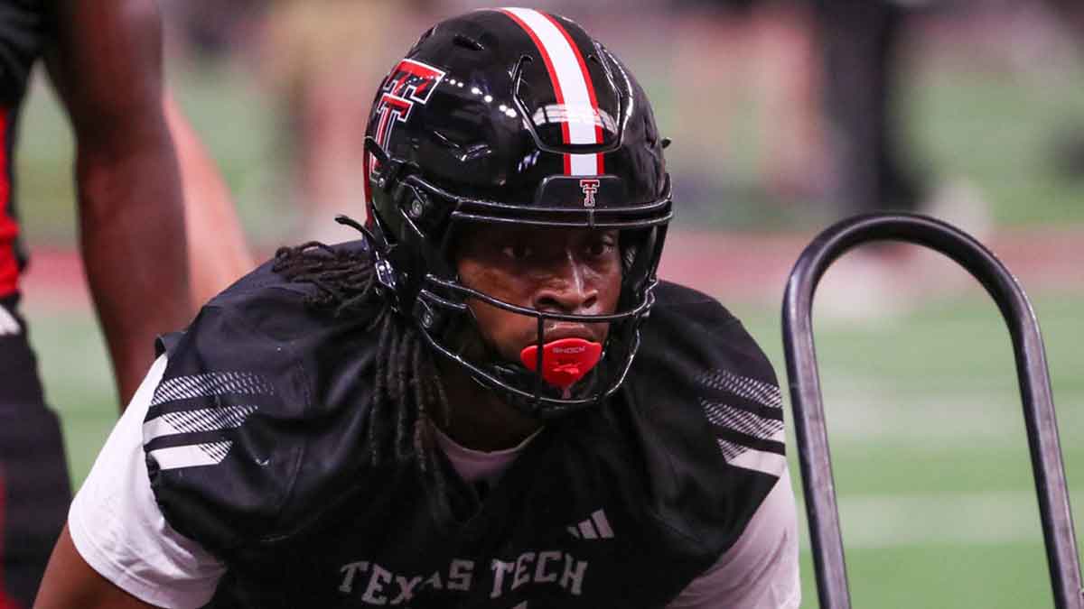 Texas Tech's Joseph Adedire goes through a drill during spring practice