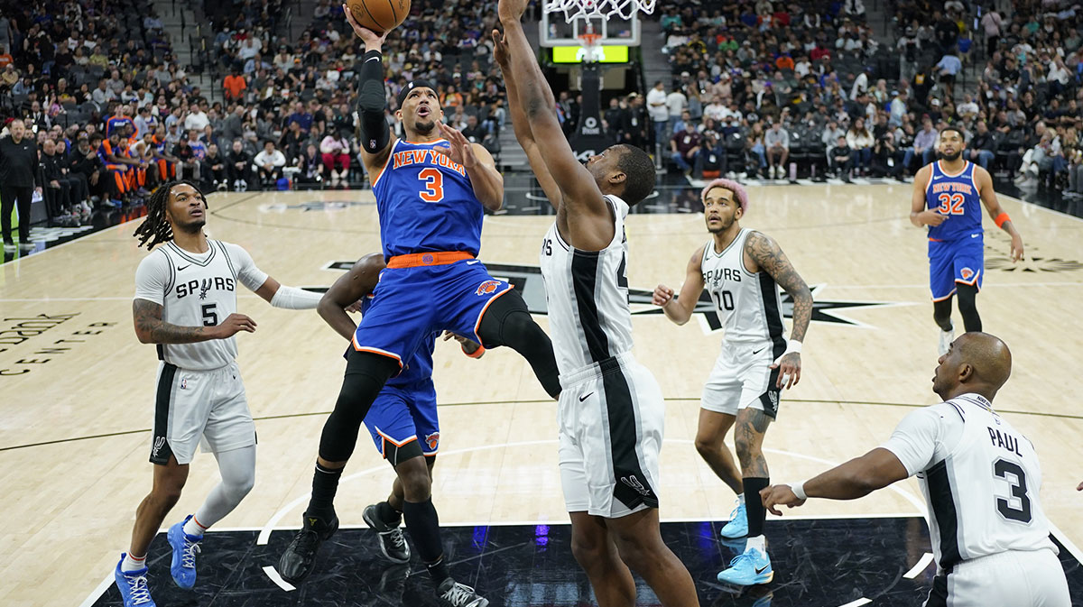 New York Knicks forward Josh Hart (3) shoots over San Antonio Spurs center Bismack Biyombo (18) during the second half at Frost Bank Center.