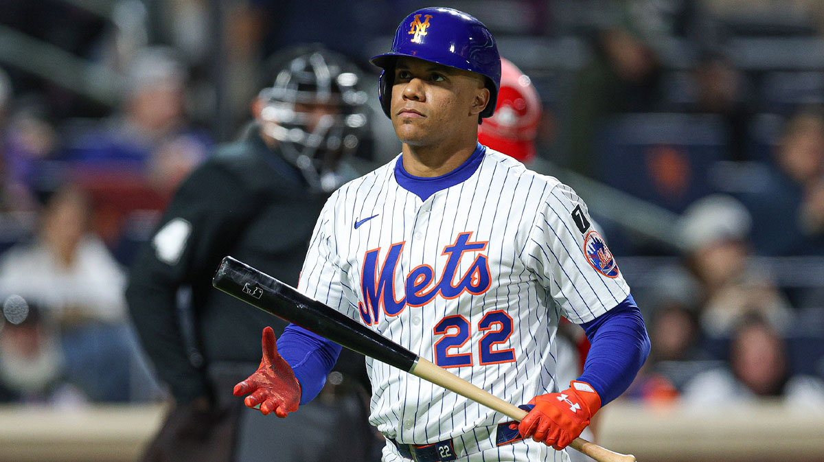 New York Mets right fielder Juan Soto (22) reacts after striking out during the third inning against the St. Louis Cardinals at Citi Field.