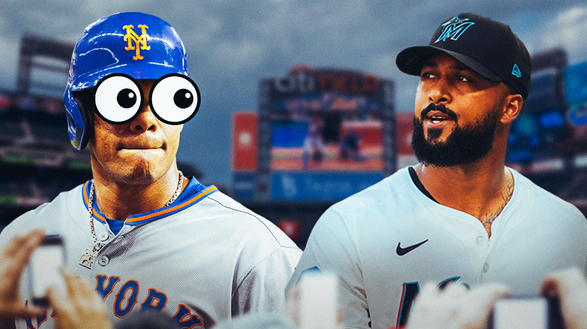 Juan Soto in a Mets uniform with big emoji eyes looking at Sandy Alcantara
