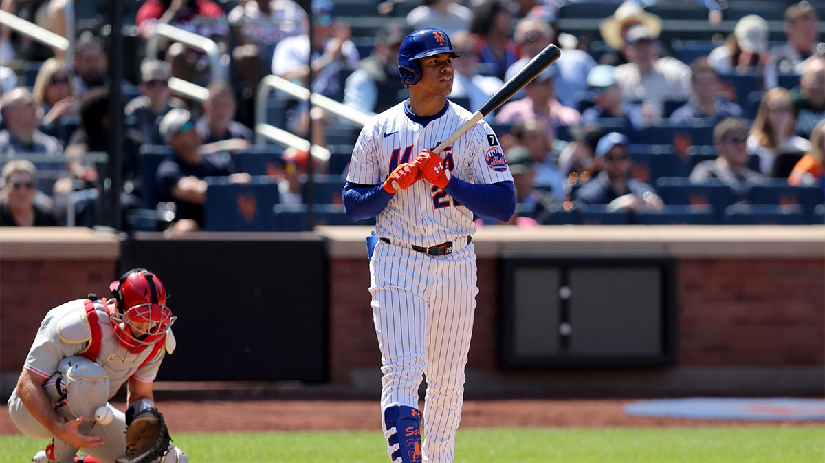 New York Mets right fielder Juan Soto (22) reacts after drawing a walk during the fifth inning against the Philadelphia Phillies at Citi Field