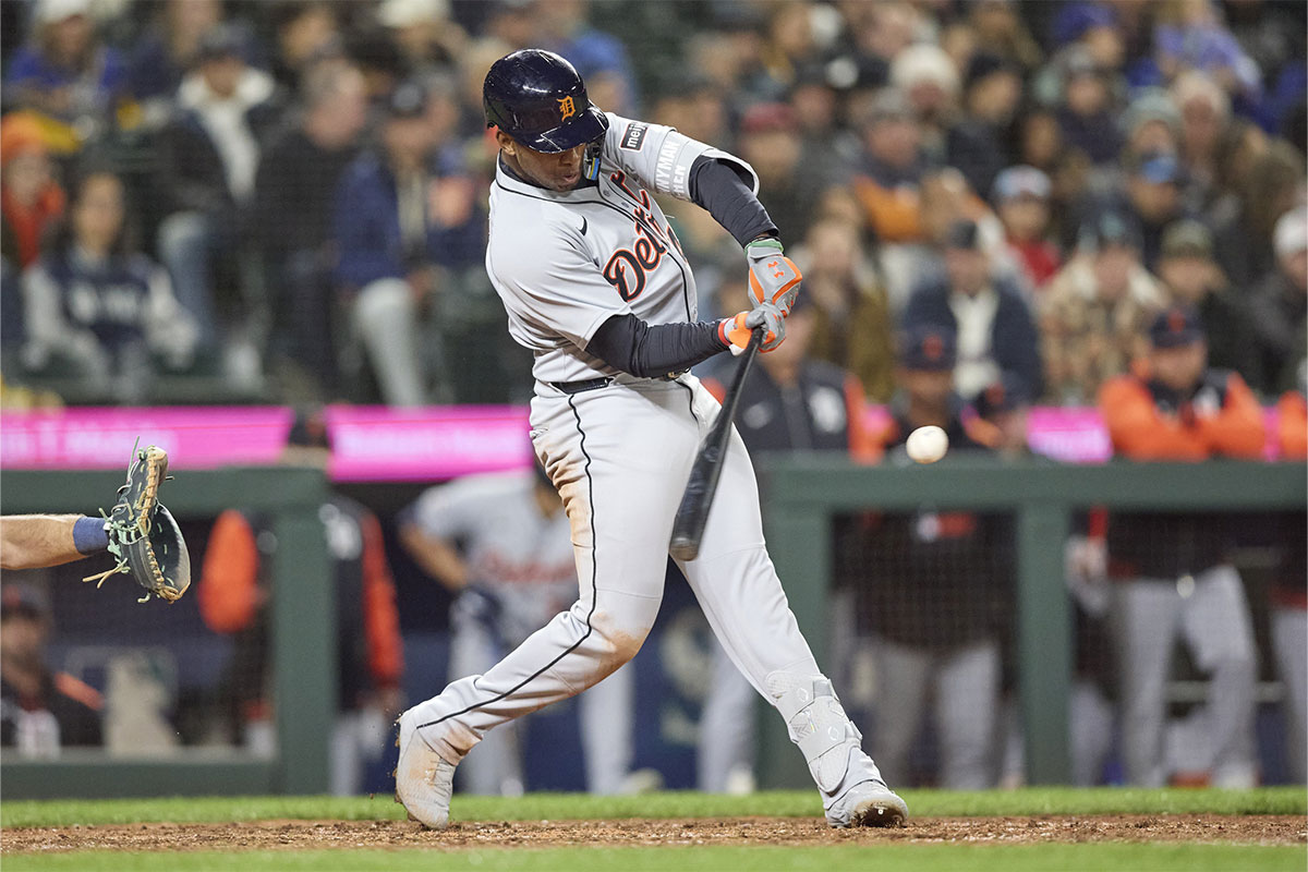 Detroit Tigers designated hitter Justyn-Henry Malloy (44) hits an RBI single against the Seattle Mariners during the seventh inning at T-Mobile Park.