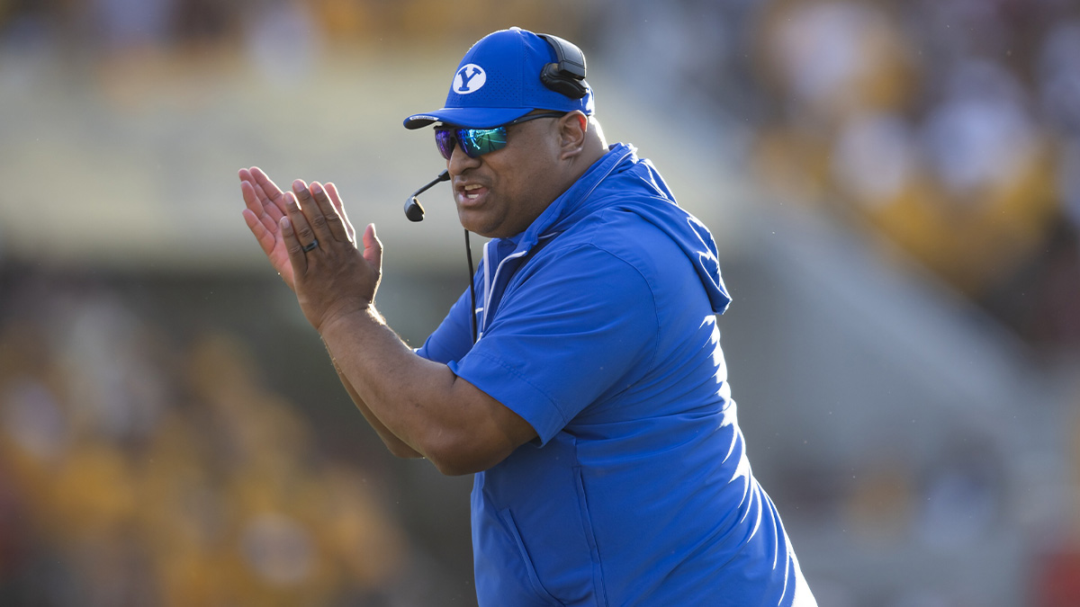 Brigham Young Cougars head coach Kalani Sitake against the Arizona State Sun Devils at Mountain America Stadium.
