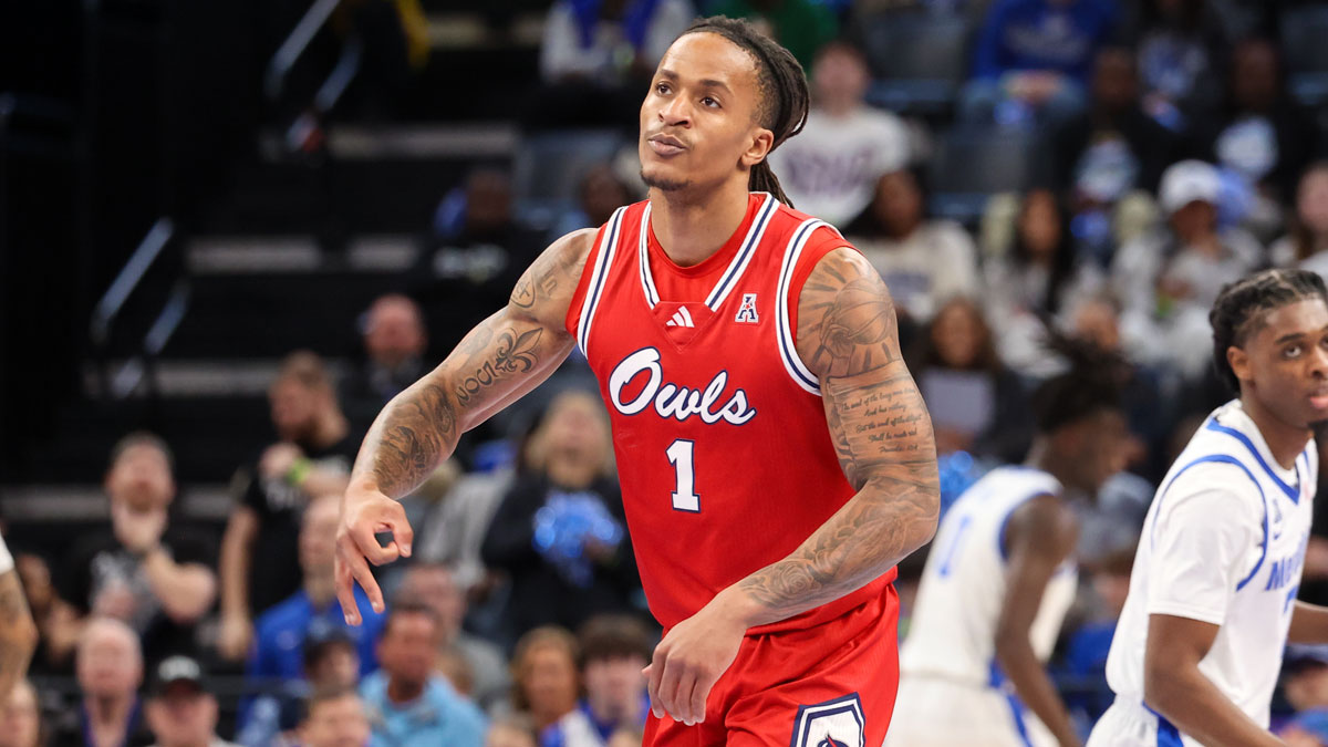 Florida Atlantic Owls forward Kaleb Glenn (1) reacts after a three point basket against the Memphis Tigers during the first half at FedExForum.