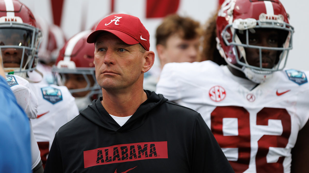 Alabama Crimson Tide head coach Kalen DeBoer looks on before running onto the field before a game against the Michigan Wolverines at Raymond James Stadium. Mandatory Credit: Matt Pendleton-Imagn Images