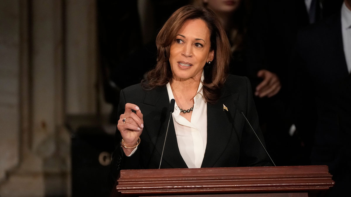 Vice President Kamala Harris speaks during a memorial ceremony for former President Jimmy Carter