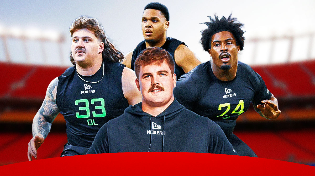 Grey Zabel, Omarr Norman-Lott, Tate Ratledge, Brandon Crenshaw-Dickson all beside each other, Kansas City Chiefs wallpaper in the background