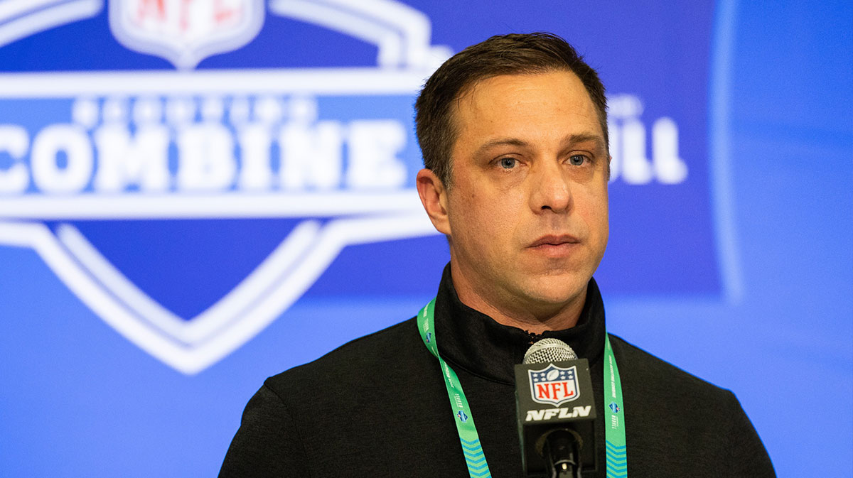 Kansas City Chiefs General Manager Brett Veach talks to the media at the 2024 NFL Combine at Indiana Convention Center.