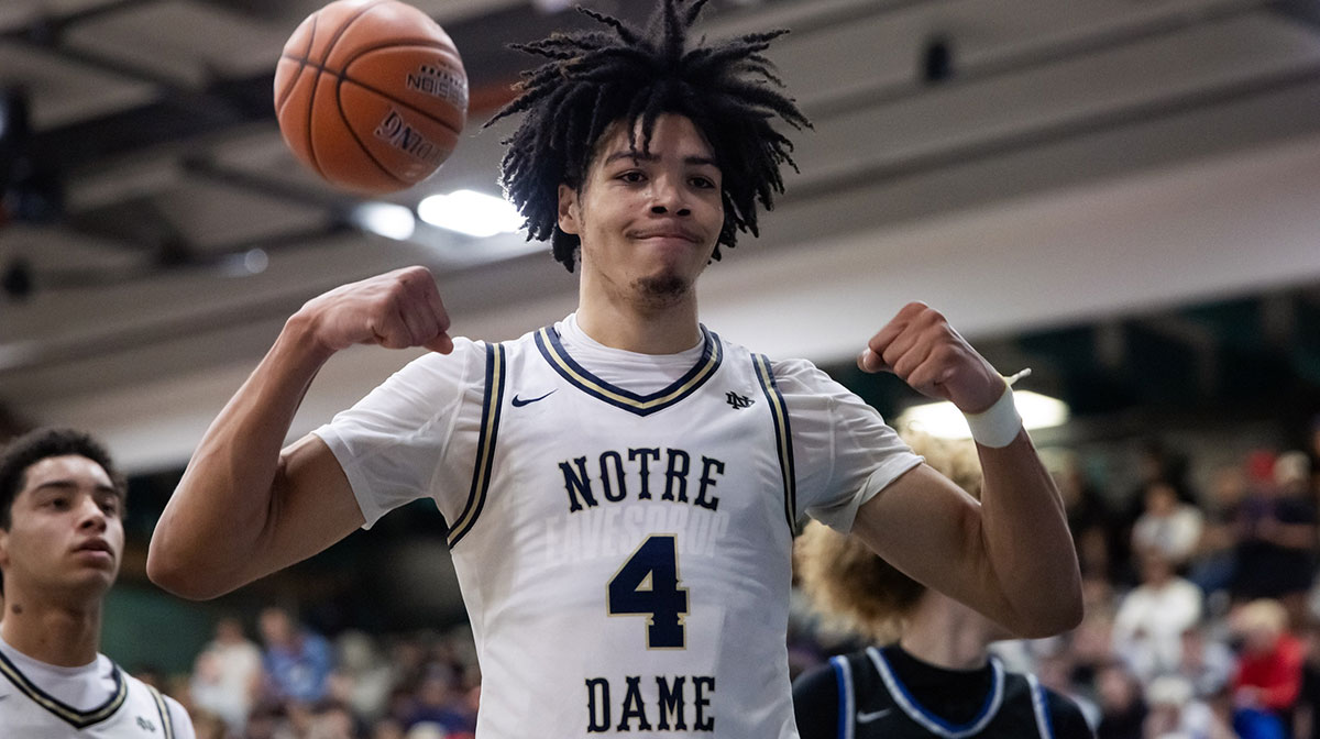 Notre Dame High School (CA) forward and Kansas basketball recruit Tyran Stokes (4) flexes as he celebrates a shot against Sandra Day O'Connor (AZ) during the Hoophall West High School Invitational at Highland High School.
