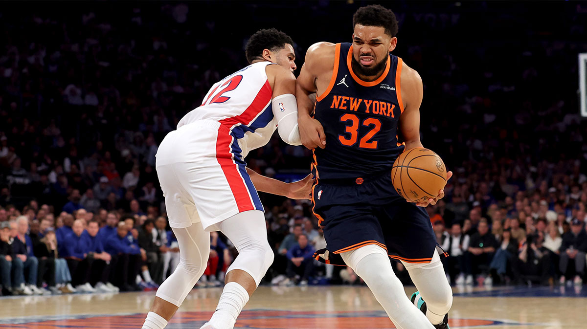 New York Knicks center Karl-Anthony Towns (32) drives to the basket against Detroit Pistons forward Tobias Harris (12) during the second quarter of game two of the first round of the 2024 NBA Playoffs at Madison Square Garden.
