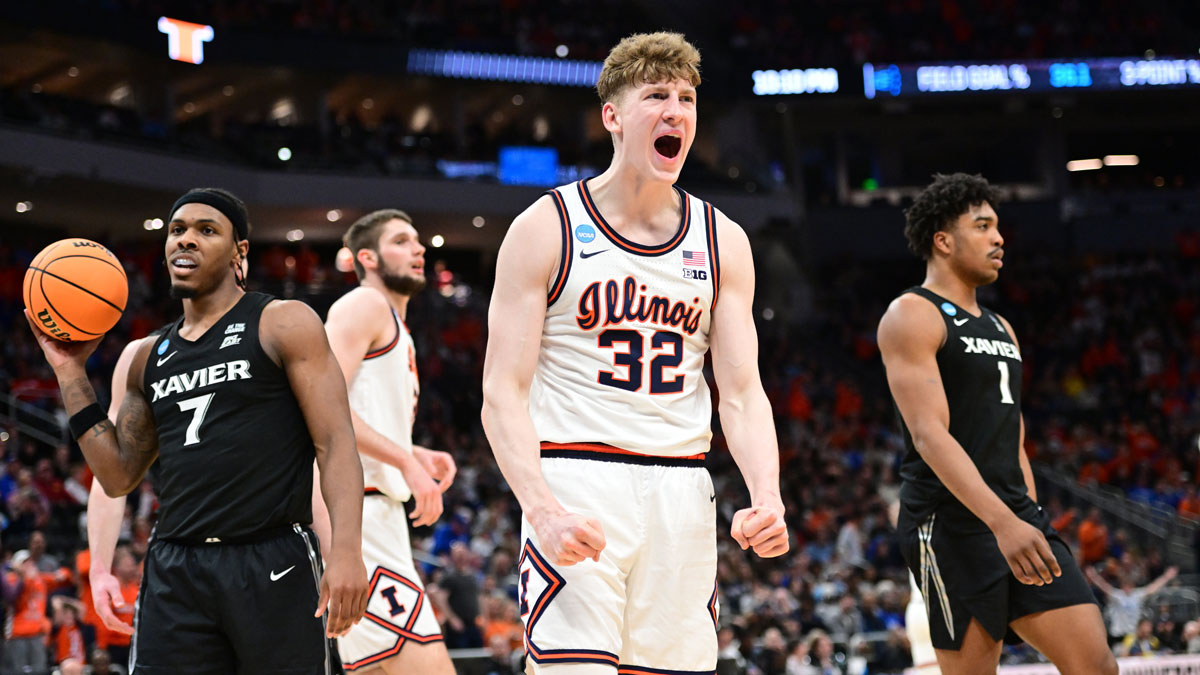 Mar 21, 2025; Milwaukee, WI, USA: Illinois Fighting Illini guard Kasparas Jakucionis (32) reacts during the second half against the Xavier Musketeers at Fiserv Forum. Mandatory Credit: Benny Sieu-Imagn Images