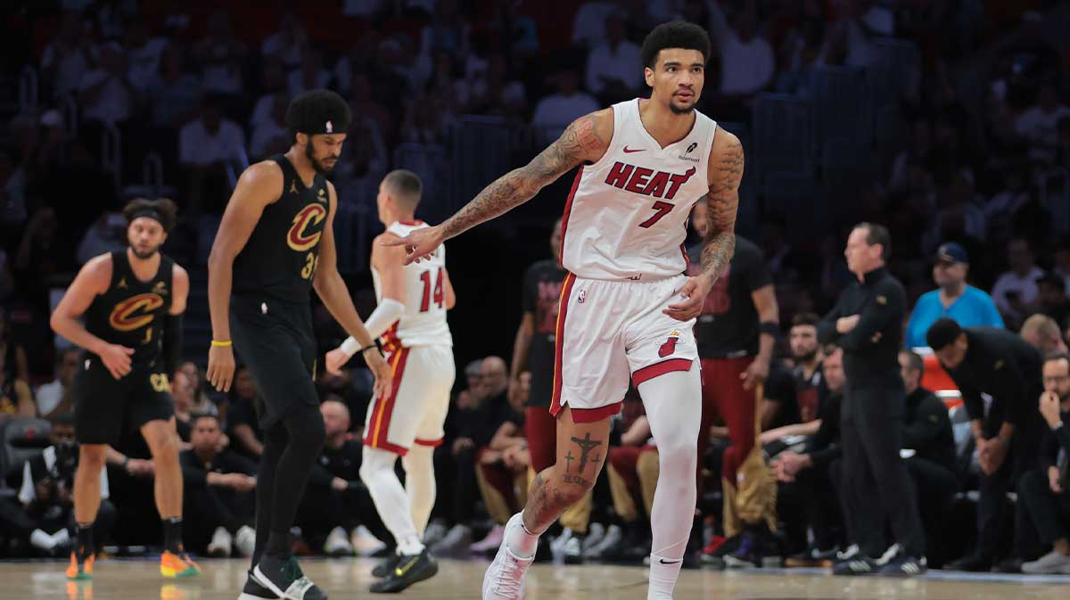 Miami Heat center Kel'el Ware (7) signals after scoring against the Cleveland Cavaliers in the first quarter during game three for the first round of the 2025 NBA Playoffs at Kaseya Center.