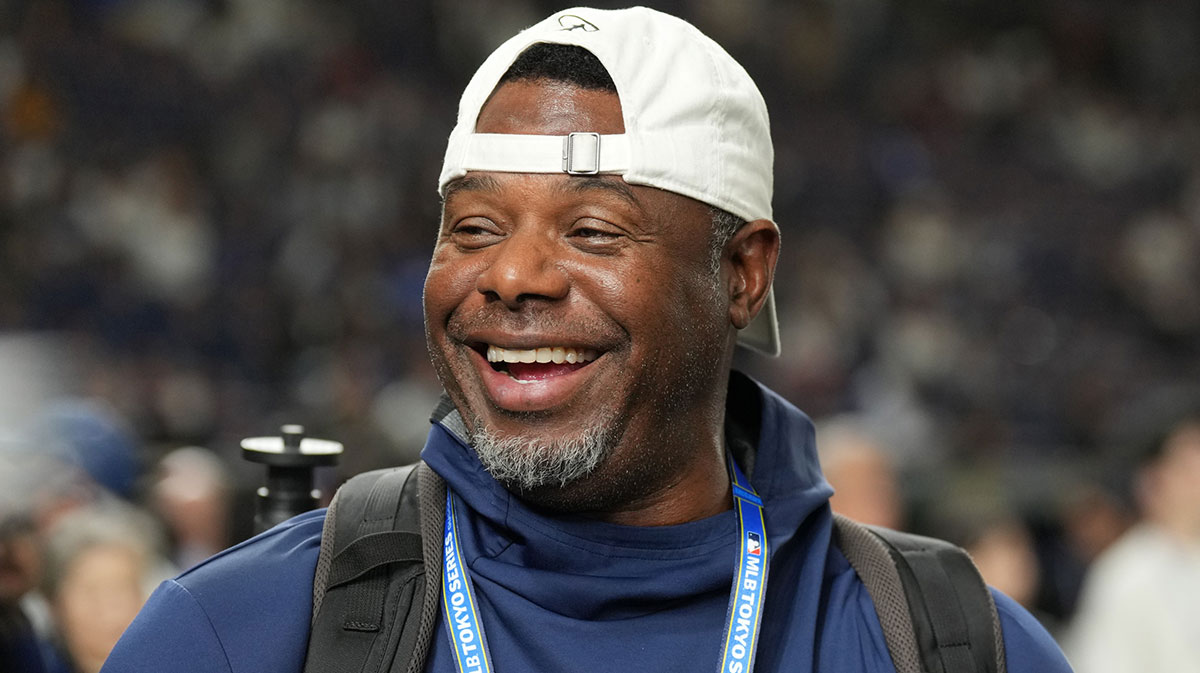 Seattle Mariners former player Ken Griffey Jr. stands on the field before the game between the Los Angeles Dodgers and the Chicago Cubs during the Tokyo Series at Tokyo Dome