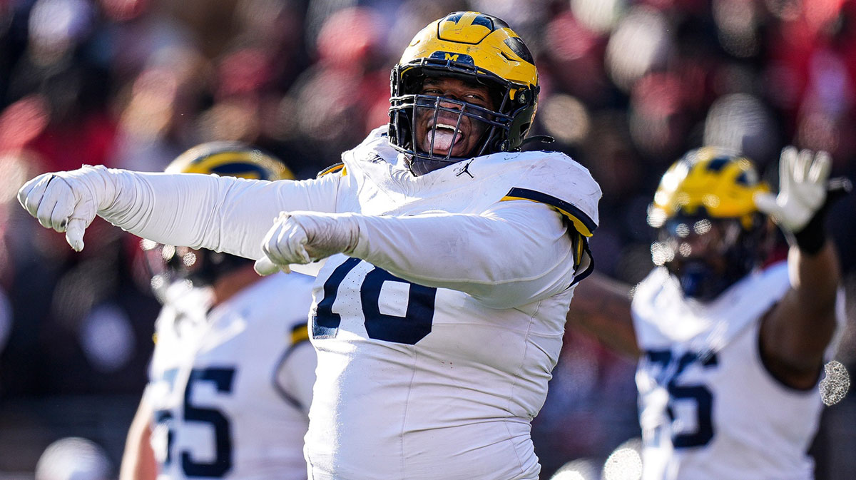 Michigan defensive lineman Kenneth Grant (78) celebrates after Ohio State misses a field goal during the second half at Ohio Stadium in Columbus, Ohio.