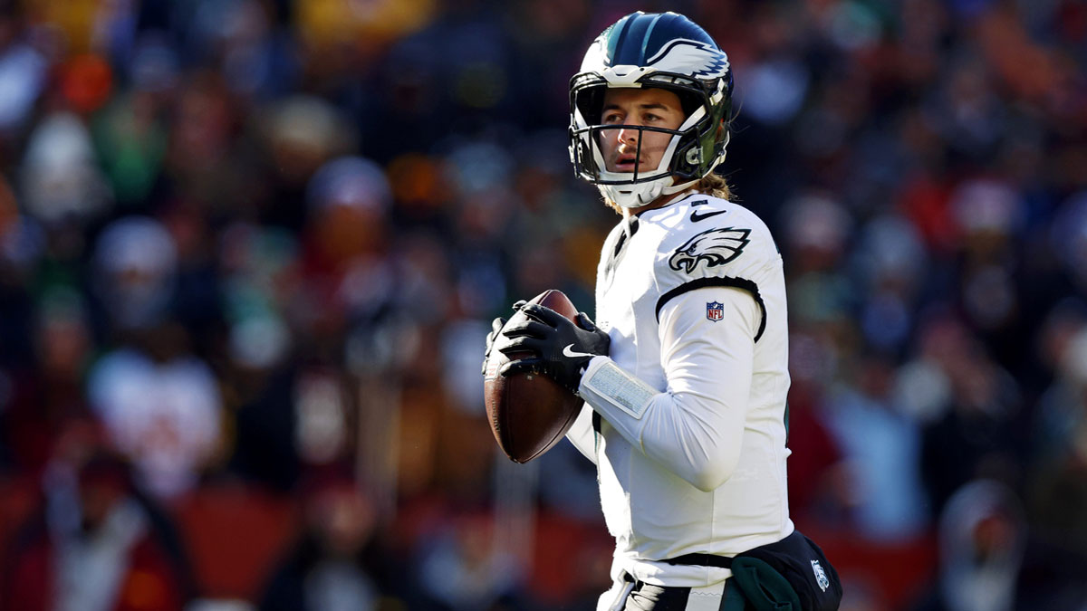 Philadelphia Eagles quarterback Kenny Pickett (7) throws a pass during the first quarter against the Washington Commanders at Northwest Stadium.