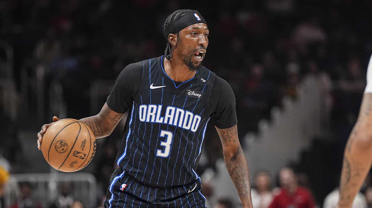 Orlando Magic guard Kentavious Caldwell-Pope (3) controls the ball against the Atlanta Hawks during the first half at State Farm Arena.