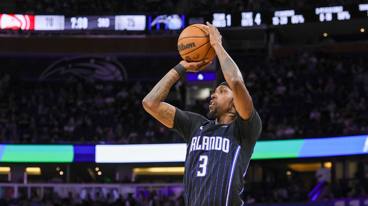 Orlando Magic guard Kentavious Caldwell-Pope (3) shoots a three point basket during the second half against the Atlanta Hawks at Kia Center.