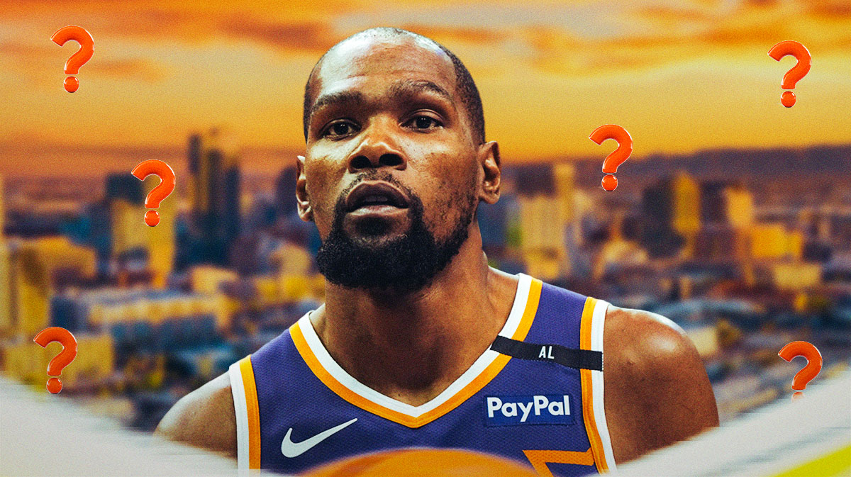 Kevin Durant with question marks around him in a Suns jersey and downtown Phoenix skyline in the background