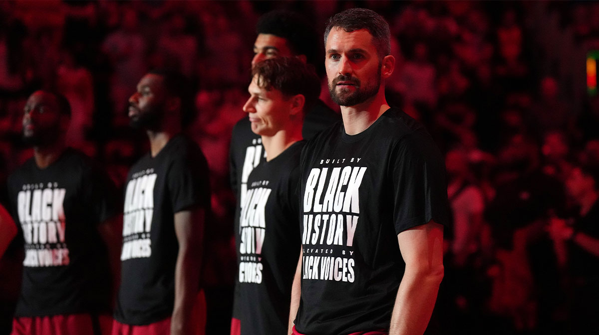 Miami Heat forward Kevin Love (42) during pregame ceremonies before the game against the Atlanta Hawks at Kaseya Center.