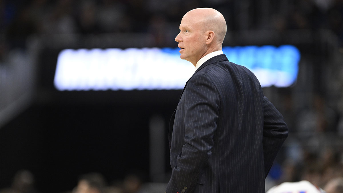 Maryland Terrapins head coach Kevin Willard watches play downcourt during the first half against the Florida Gators during a West Regional semifinal of the 2025 NCAA tournament at Chase Center