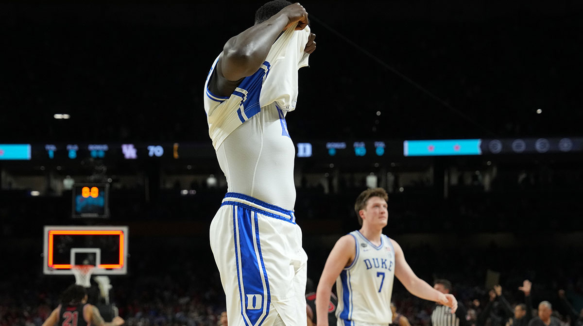 Duke Blue Devils center Khaman Maluach (9) reacts after their loss to the Houston Cougars in the semifinals of the men's Final Four of the 2025 NCAA Tournament at the Alamodome.