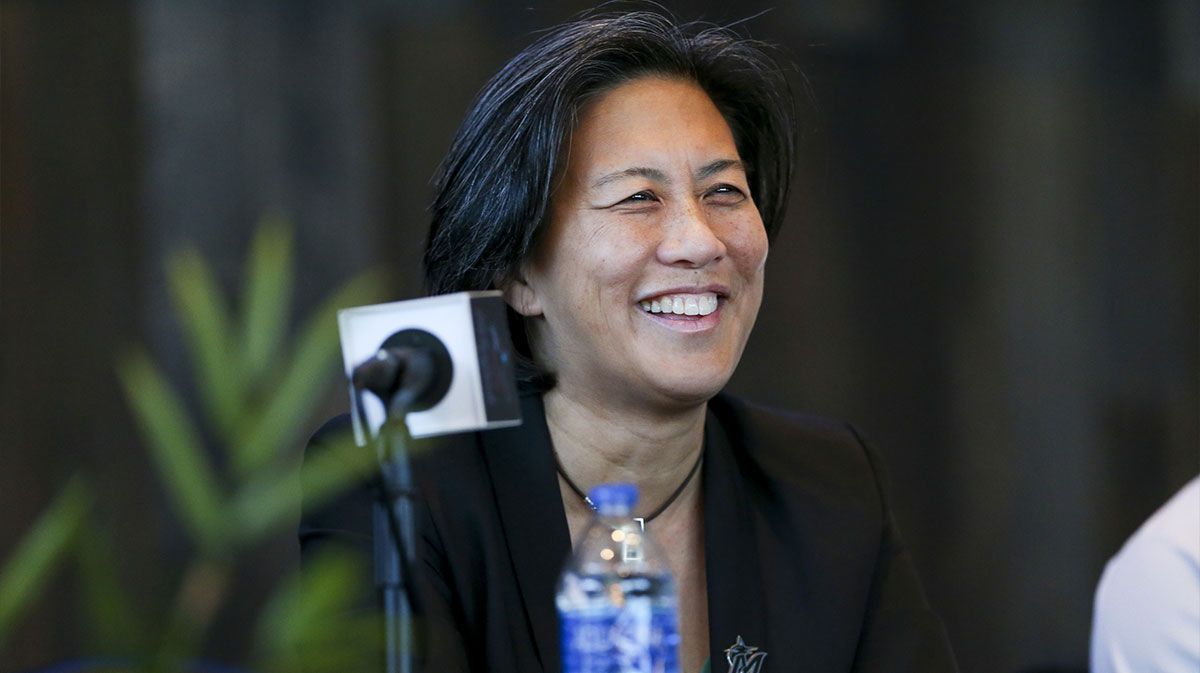 Miami Marlins general manager Kim Ng reacts as new team manager Skip Schumaker (not pictured) speaks during a press conference at loanDepot park.