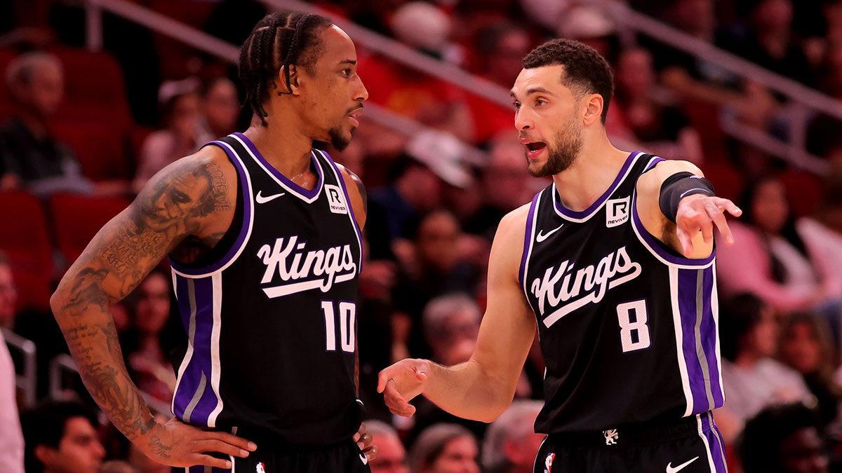 Mar 1, 2025; Houston, Texas, USA; Sacramento Kings forward DeMar DeRozan (10) talks with guard Zach LaVine (8) during a timeout against the Houston Rockets during the third quarter at Toyota Center. Mandatory Credit: Erik Williams-Imagn Images