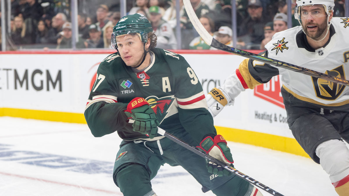 Minnesota Wild left wing Kirill Kaprizov (97) defended by Vegas Golden Knights defenseman Alex Pietrangelo (7) in the corner in the second period in game three of the first round of the 2025 Stanley Cup Playoffs at Xcel Energy Center.
