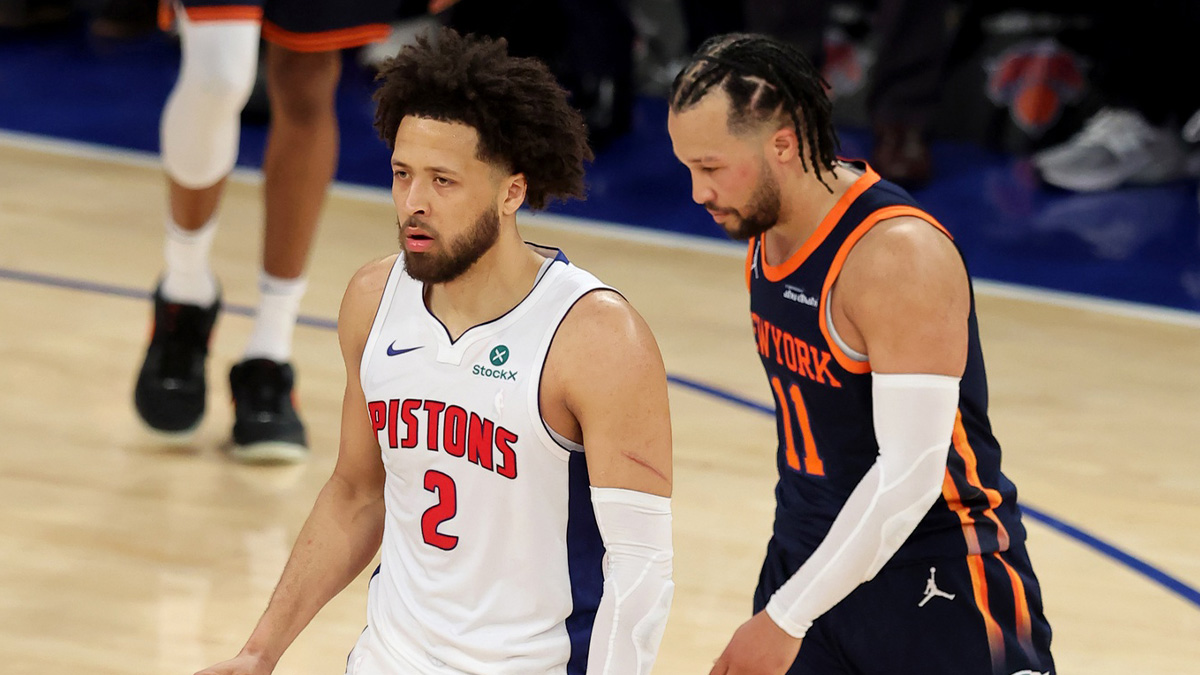 Detroit Pistons guard Cade Cunningham (2) and New York Knicks guard Jalen Brunson (11) reacts after game two of the first round of the 2024 NBA Playoffs at Madison Square Garden.