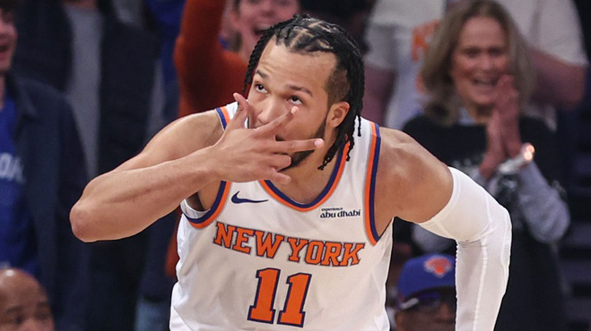 New York Knicks guard Jalen Brunson (11) gestures after making a three-point shot in Game One of the First Round of the NBA Playoffs against the Detroit Pistons at Madison Square Garden.