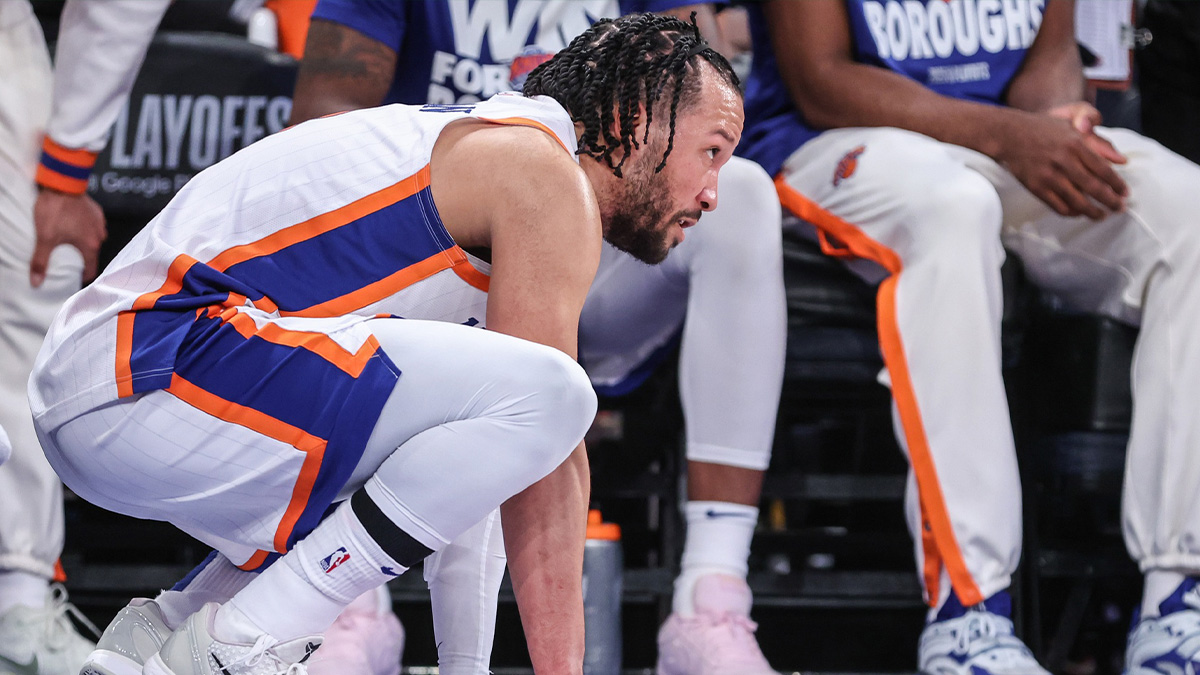 New York Knicks guard Jalen Brunson (11) watches from the bench after being injured in the fourth quarter against the Detroit Pistons during game five of first round for the 2025 NBA Playoffs at Madison Square Garden.