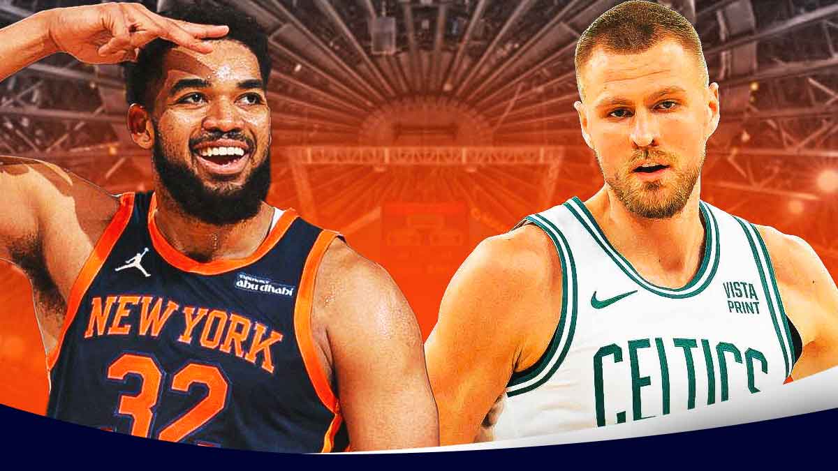 Karl-Anthony Towns Knicks navy blue jersey and Kristaps Porzingis Celtics white jersey with Madison Square Garden behind them