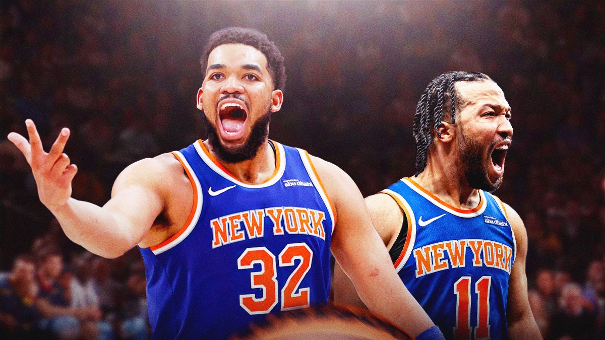 Karl-Anthony Towns and Jalen Brunson laughing and celebrating