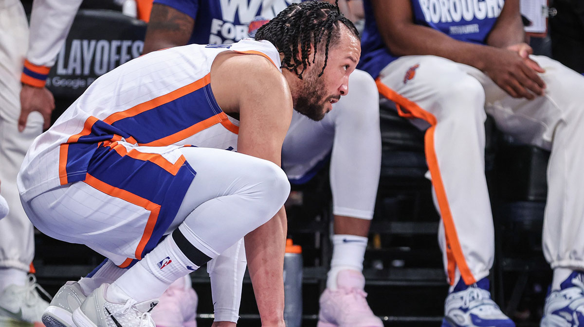 New York Knicks guard Jalen Brunson (11) watches from the bench after being injured in the fourth quarter against the Detroit Pistons during game five of first round for the 2025 NBA Playoffs at Madison Square Garden.