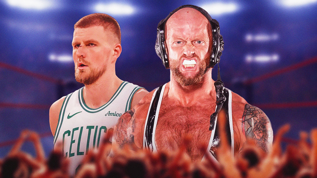 Kristaps Porzingis next to "The Walking Weapon" Josh Alexander in an AEW ring.
