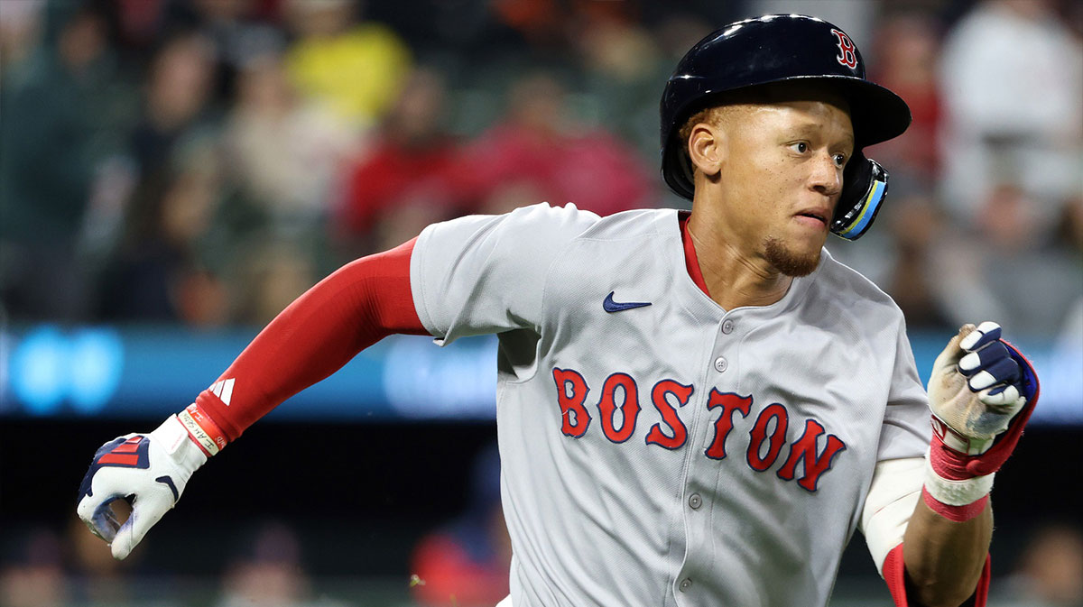 Boston Red Sox second baseman Kristian Campbell (28) hits a double during the fifth inning against the Baltimore Orioles at Oriole Park at Camden Yards.