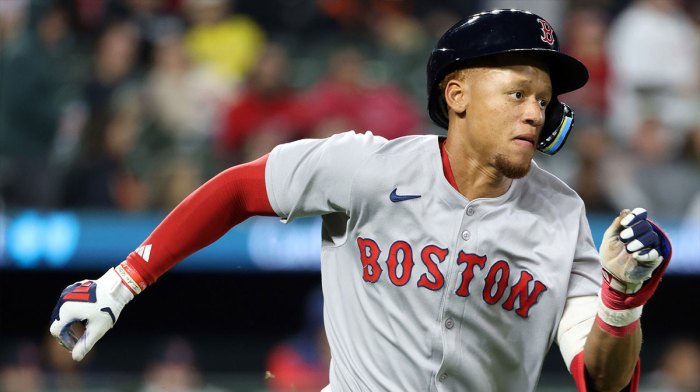Boston Red Sox second baseman Kristian Campbell (28) hits a double during the fifth inning against the Baltimore Orioles at Oriole Park at Camden Yards.
