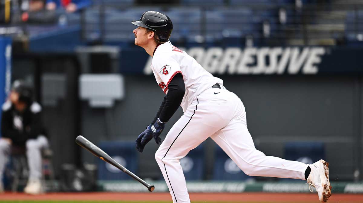 Cleveland Guardians first baseman Kyle Manzardo (9) hits a home run during the first inning against the Chicago White Sox at Progressive Field.