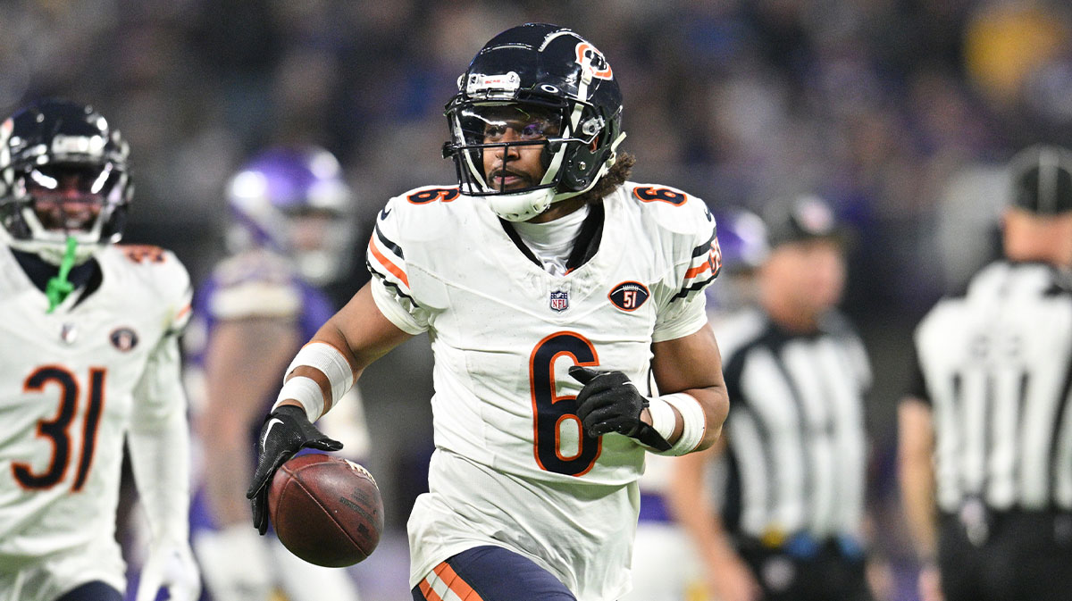 Chicago Bears cornerback Kyler Gordon (6) reacts after an interception off Minnesota Vikings quarterback Joshua Dobbs (not pictured) during the fourth quarter at U.S. Bank Stadium.