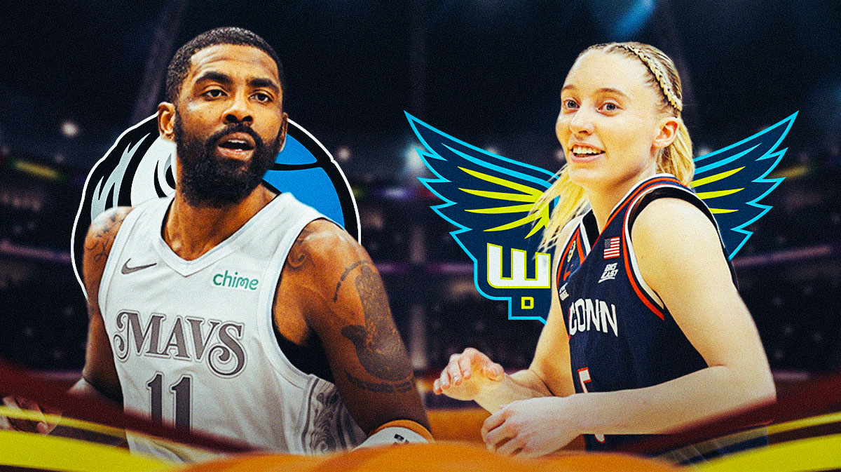 Mavericks Kyrie Irving and Wings Paige Bueckers both smiling in front. Dallas Wings and Dallas Mavericks 2025 logos in background.