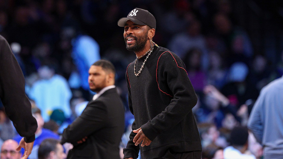 Dallas Mavericks guard Kyrie Irving (11) looks on during the first quarter against the Brooklyn Nets at Barclays Center.