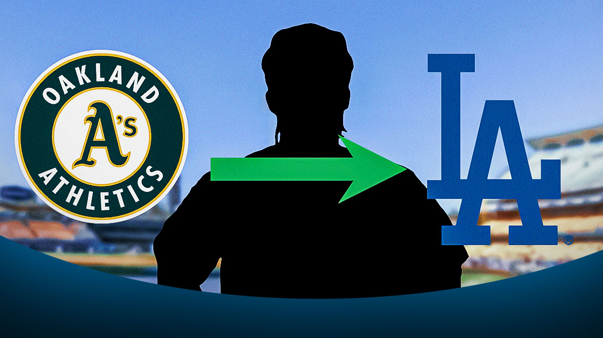 A's logo on the top left of the frame. An arrow pointing to the right, in the top middle of the frame. Dodgers logo on the top right of the frame. Under the arrow put a silhouette of Esteury Ruiz.
