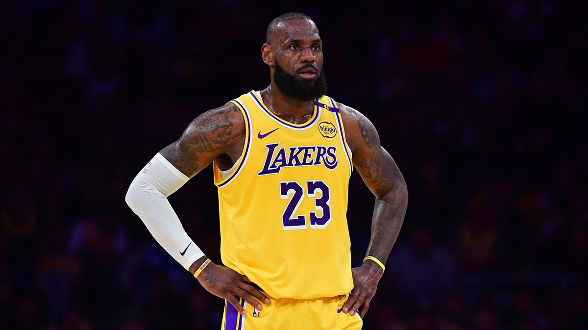 Los Angeles Lakers forward LeBron James (23) reacts during the first half in game five of first round for the 2025 NBA Playoffs at Crypto.com Arena.