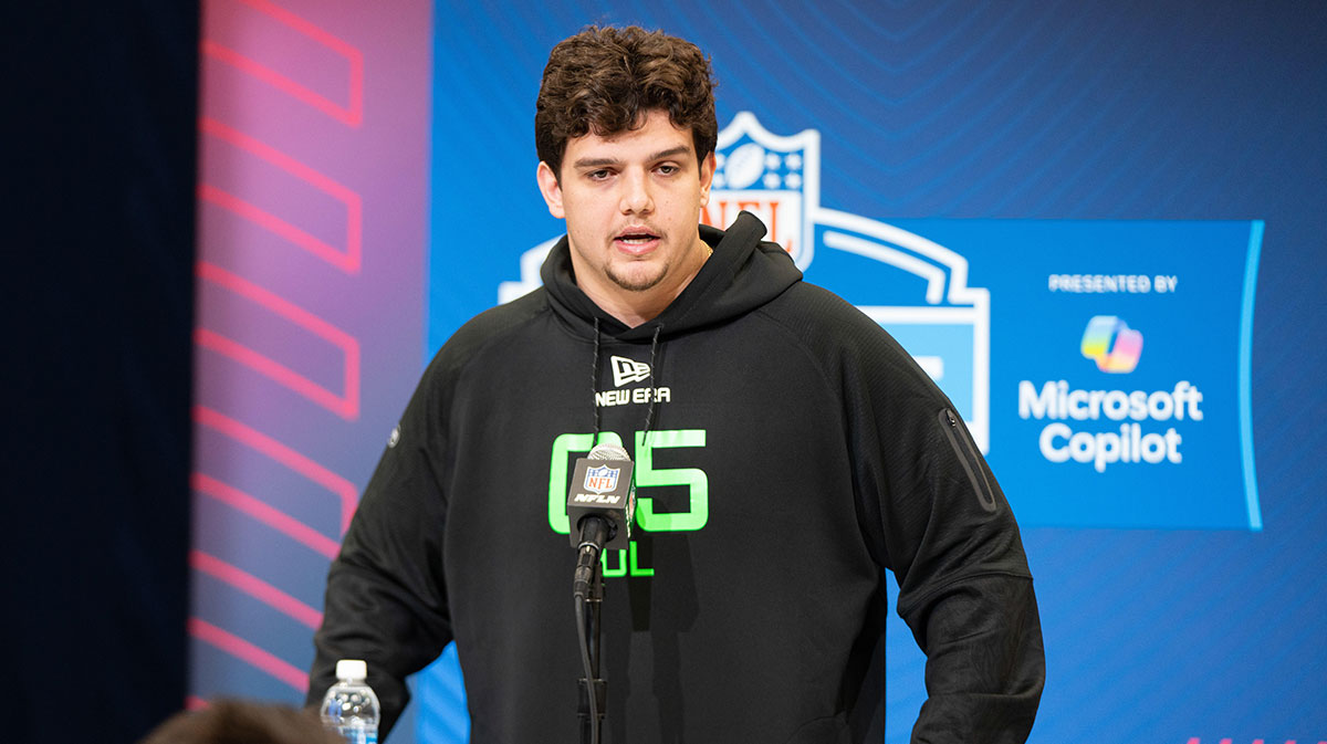 Louisiana State University offensive lineman Will Campbell (OL05) answers questions at a press conference during the 2025 NFL Combine at Indiana Convention Center.
