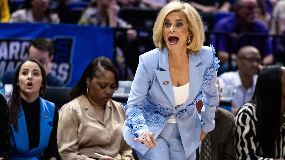 LSU women's basketball head coach Kim Mulkey reacts to a play against the San Diego State Aztecs during the first half at Pete Maravich Assembly Center.