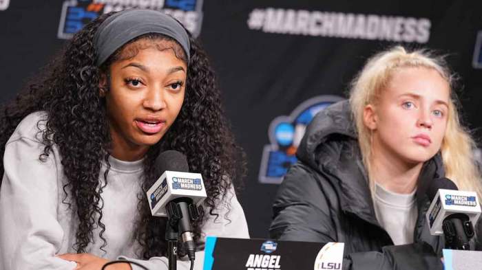 Sky forward Angel Reese (10) and LSU Lady Tigers guard Hailey Van Lith (11) take questions from the media at MVP Arena, Sunday, March 31, 2024 in Albany, N.Y