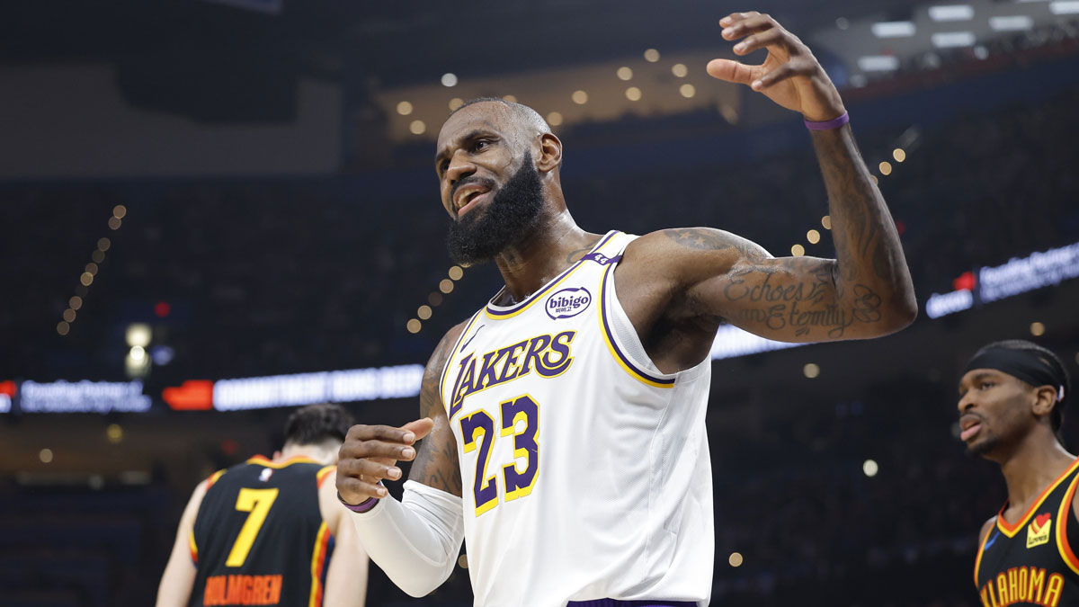 Lakers forward LeBron James (23) gestures after a play against the Oklahoma City Thunder during the second quarter at Paycom Center
