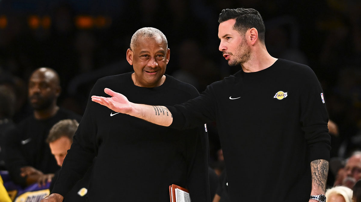 Los Angeles Lakers head coach JJ Redick reacts against the Houston Rockets during the first half at Crypto.com Arena
